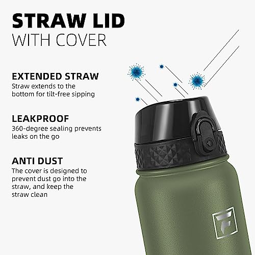 Fanhaw 32oz Kids Stainless Steel Water Bottle with Straw Lid, Olive Green - color: Olive Green, style: 32 Ounces