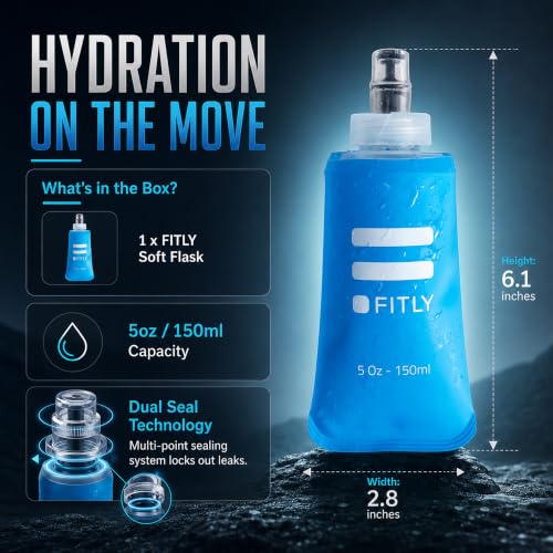 FITLY Soft Flask Running Water Bottle - Collapsible Hydration Flask - color: Blue, size: 5 Ounces