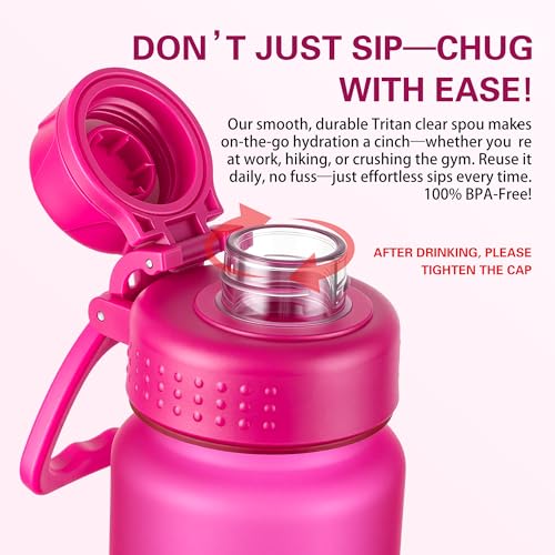 OLDLEY 32 oz Water Bottle with Handle, BPA-Free Tritan Reusable Sports Water Bottle with Leak-Proof Dust Lid, Wide Mouth, Cup Holder Friendly, Half Frosted Clear Bottle for Gym, Travel, Work,Hot Pink - color: Hot Pink