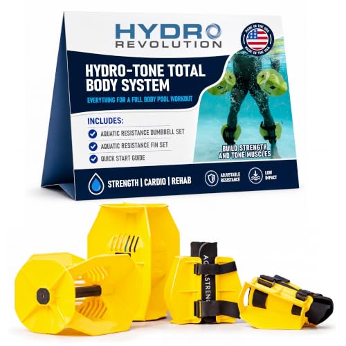 Aquastrength Hydro-Tone Total Body Pool Exercise System, Isokinetic Functional Water Weights, Bells 12" x 7.5", Fins 6.5" x 2.5", Quick Start Guide Included - color: Yellow