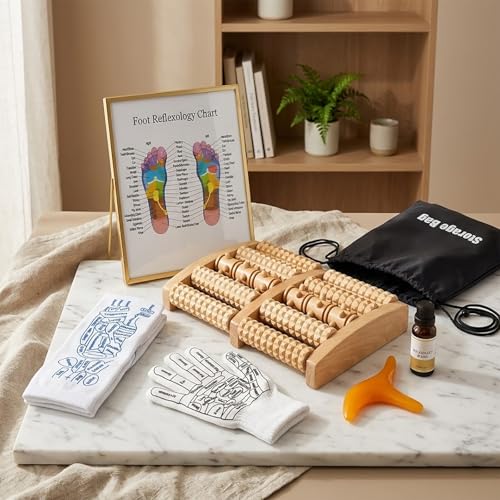 Wooden Foot Massager Roller with Reflexology Socks and Gloves Tools Set for Circulation, Pain Relief in Wide Feet, Health Promotion, Gift for Mom, Dad, or Elderly