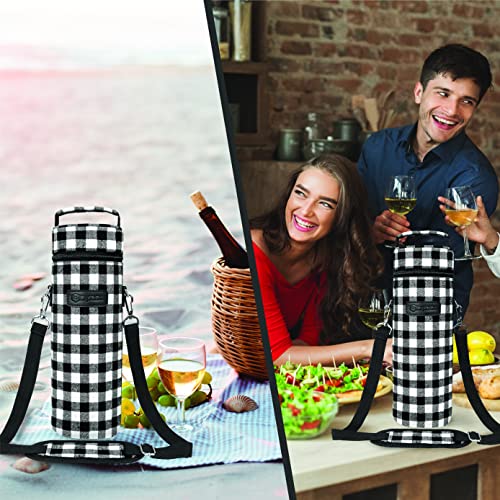 opux Single Bottle Wine Bag Carrier Insulated Cooler Tote Plaid White Black - color: Buffalo Plaid White