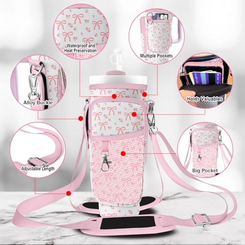 Stanley Carrier Bag for Stanley 40oz/30ozTumbler with Phone with 2 Adjustable Strap,3 Pockets Bottle Stanley Cup Carrier Bag & Case,Accessories for Hiking Travelling - color: Rose Bow
