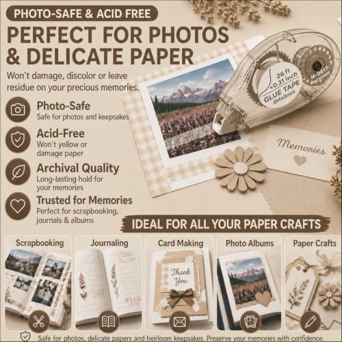 MARCADORUS Glue Tape Roller, Double Sided Scrapbook Tape, 208 Ft Total - size: 26 Ft x 0.31 In : 8 Pack