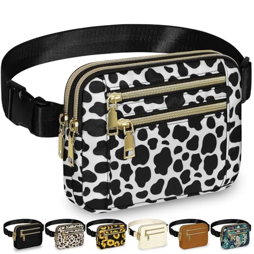 Capolo Fanny Packs for Women 4 Zip Pocket Crossbody Belt Bag Waist Bags - color: Cow Print, size: Large