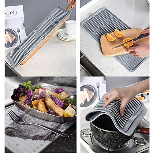 Dish Mat Silicone Dish Drying Mats Works For Drying Stemware Cocktail Glasses Silverware Pots Pans Knives and Dish Rack for Kitchen Counter Sink Bar Pads Easy to Clean (Gray) - color: M+ (15.3" x 7.8") Grey