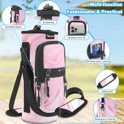 ToLuLu 25/32/40oz Water Bottle Carrier Bag Pocket,Insulated Neoprene Adjustable Shoulder Strap Water Bottle Pouch Case, Crossbody Water Bottle Holder Sling Sleeve for Men Women Adults - color: Pink Marble, size: 40 OZ