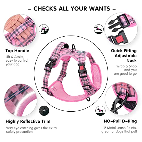 PoyPet Plaid Dog Harness Small, No Pull Vest with Front Clip & Neck Buckle - color: Checkered Pink, size: S
