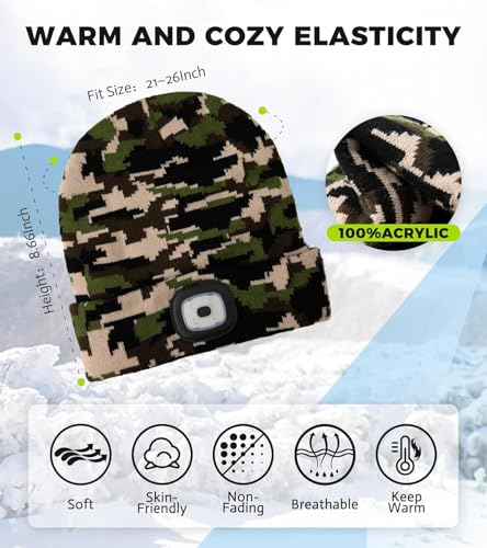 HEYAXA Bluetooth Beanie Hat, USB Rechargeable 4 LED Wireless Music Running Headlamp Cap, Dad Gifts for Husband, Dad, Birthday Gifts for Men, Dad, Father, Women, Him, Camouflage - color: Camouflage