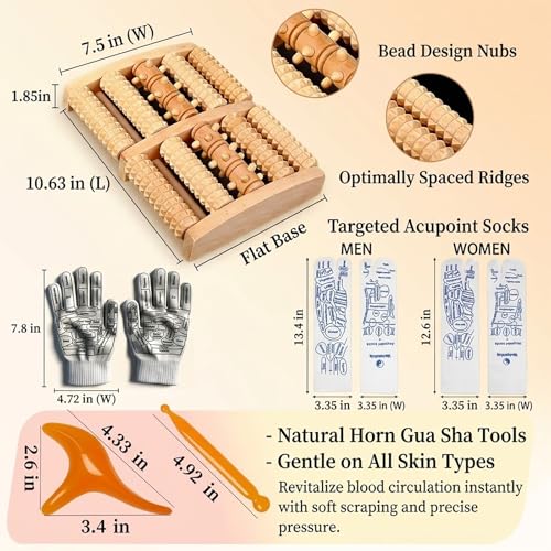 Wooden Foot Massager Roller with Reflexology Socks and Gloves Tools Set for Circulation, Pain Relief in Wide Feet, Health Promotion, Gift for Mom, Dad, or Elderly