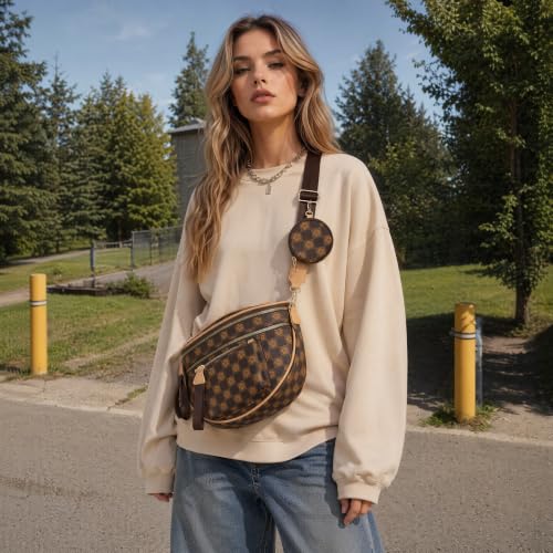 Makes Checkered Crossbody Bag Bum Bag for Women with Pouch - color: Coffee Checkered