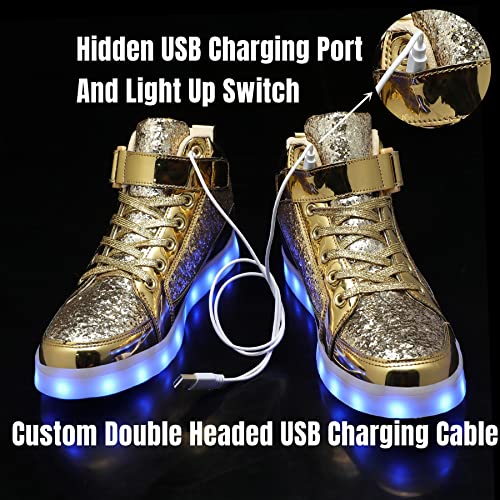 IGxx LED Light Up Shoes for Men Women Sparkly Sneakers High Top - color: Glitter Gold, size: 5 Women/5.5 Men