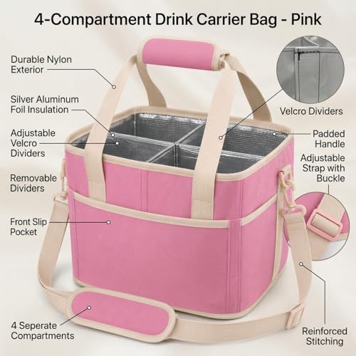 Drink Carrier Bag, 4 Compartment, Insulated Drink Carrier – Water Bottle Holder with Strap, Padded Handle Grip, Family Picnic Cooler Bag for Travel, Commute (Black) - color: Pink