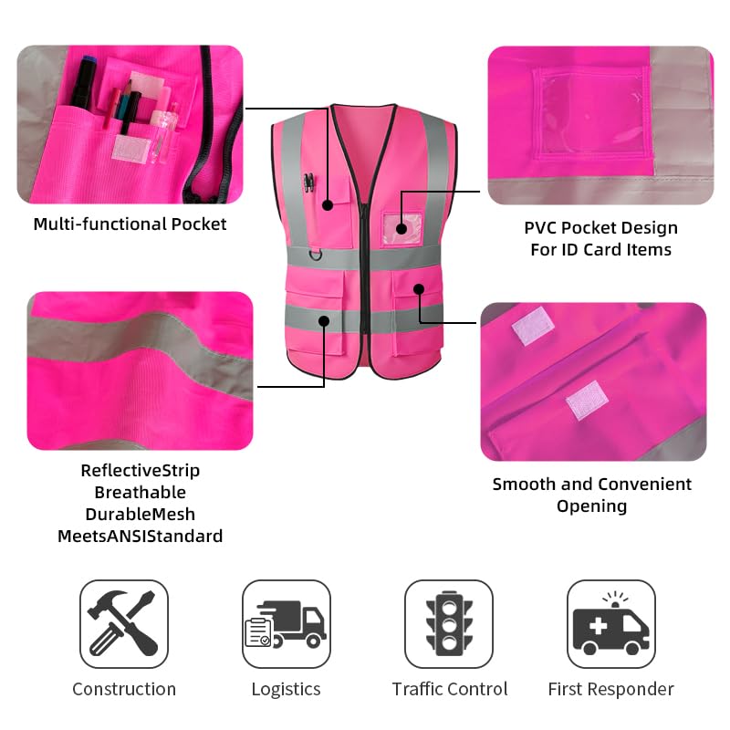 Safety Vest High Visibility Reflective Construction Vest - color: Pink, size: Small