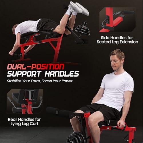 ANCHEER Leg Extension and Curl Machine, Adjustable Leg Workout Machine for Lower Body Training, 880LB Capacity Plate Loaded Leg Developer for Quads, Hamstrings & Glutes, Home Gym Equipment - color: Red
