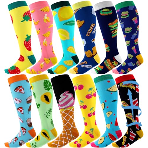 Shyyween 12 Pairs Men Knee High Compression Socks - size: Large, style: Colorful Food