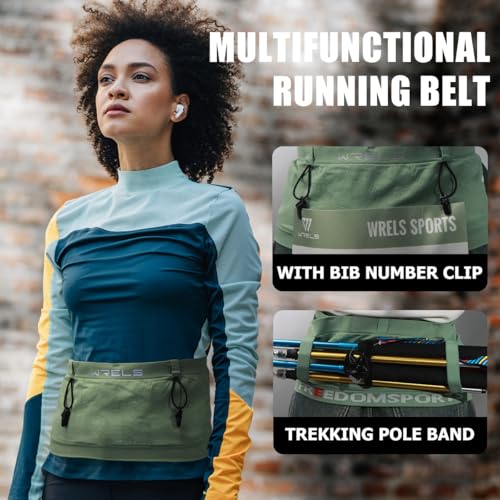 WRELS Slim Running Belt with Bib Number Clip,Elastic Phone Holder Fanny Pack for Women Men,Large Capacity Fitness Waist Pack Holds Water Bottle, Keys, Cards - color: Green-S