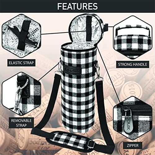 opux Single Bottle Wine Bag Carrier Insulated Cooler Tote Plaid White Black - color: Buffalo Plaid White