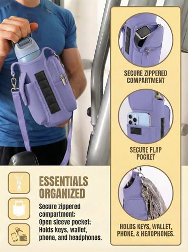 RICHEN Magnetic Gym Bag,Magnets Gym Water Bottle Bag Carrier Holder with Pockets & Strap Fit for 18 to 40 oz Owala Hydro Flask Yeti, Gym Accessories for Men Women,Walking, Hiking - color: Lavender
