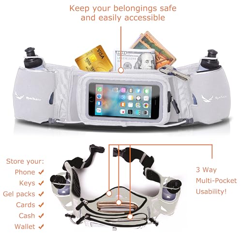 No.1 Hydration Belt by Runtasty - Premium Running Fuel Belt w/2 BPA-Free 10 oz Water Bottles, Tilt-Up Pocket w/Touchscreen-Ready Cover - Fits All iPhones, Runners Ebook & No-Bounce Design - color: Platinum Gray