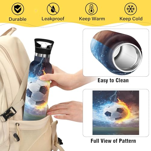 Fire Water Football Water Bottle Thermos Stainless Steel Vacuum Insulated Mouth Bottle with Wide Handle - color: Fire Water Football