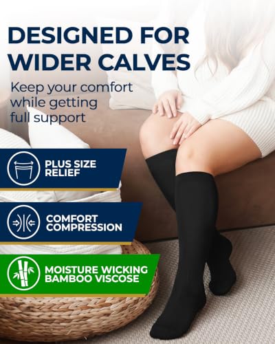 Pembrook® 3 Pairs Plus Size Compression Socks Wide Calf - Bamboo Viscose - color: All Black - 3 Pairs, size: 3X-Large