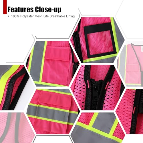 Reflective Safety Vest for Men Women Hi Vis Vest with 8 Pockets High Visibility Mesh Reflective Vest (Pink-07,Medium) - color: Pink, size: Medium