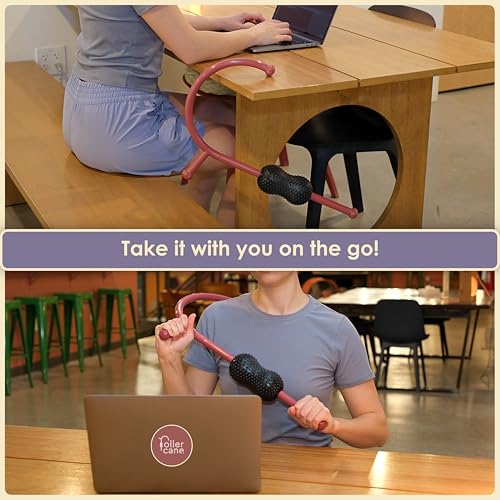Roller Cane Massager | 2-in-1 Massage Roller Stick & Trigger Point Cane | Rubber Ball for Deep Tissue, Myofascial Release & Muscle Recovery (Red)