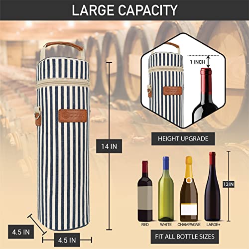 opux Single Bottle Wine Bag Carrier Insulated Cooler Tote, Navy Stripe - color: Navy Stripes
