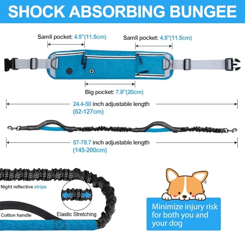Hands Free Dog Leash with Partitioned Pouch Adjustable Waist Belt, Waist Leash for Dog Walking Running, Dual Handles,for Medium/Large Dogs - color: Blue