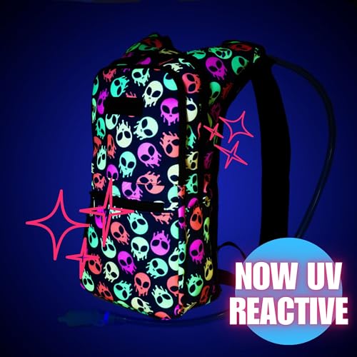 Kandies World Reflective Festival Hydration Pack - 2L Hydropack for Raves, Hiking, Biking, Running, and More (with Anti-Theft Pocket) - style: Skull Alien