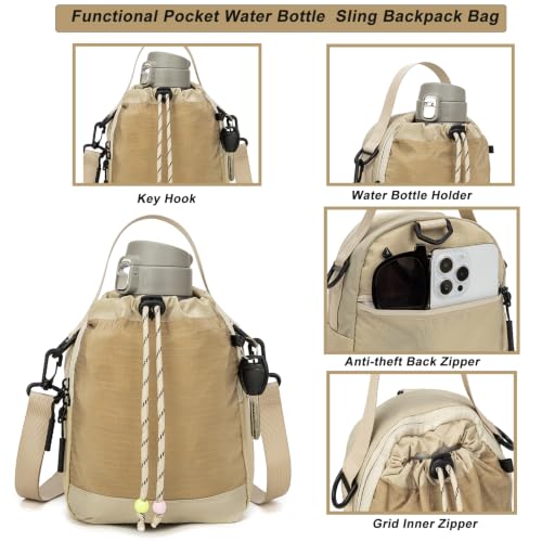 Water Bottle Carrier Bag with Strap, Water Bottle Holder Crossbody Backpack Handbags for Women Men for Hiking - color: Khaki