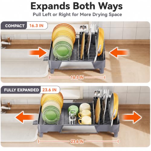 Urackify Large Dish Drying Rack, Expandable Dish Drainer, Gray