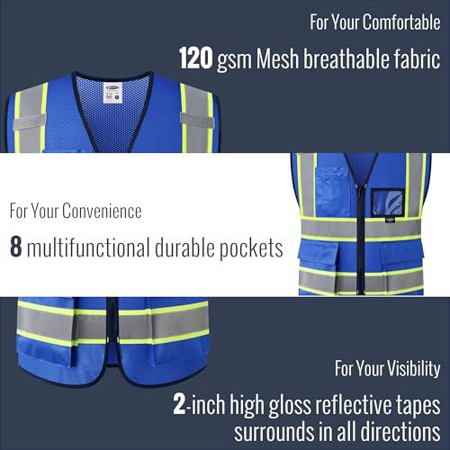 JKSafety Safety Vest for men women Hi Vis Vest with Pockets and Zipper High Visibility Reflective Vests BX320 - color: Blue, size: Large