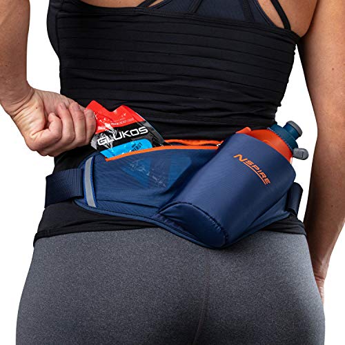 Nspire Hydration Waist Pack Bottle with 18oz Flask and Storage Area – Running, Hiking, Walking, Camping, Cycling, True Navy/Tigerlily