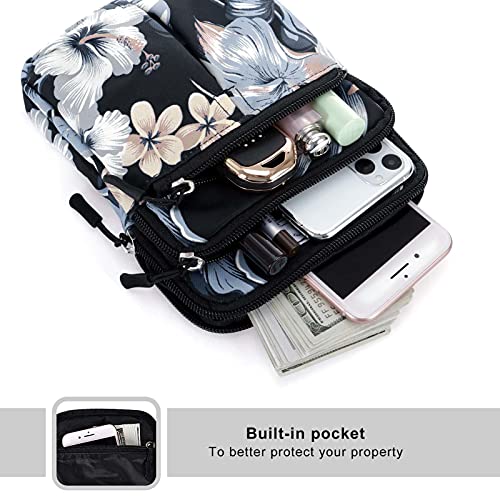 KAMO Multifunction Phone Bag One Shoulder Phone Waist Bag Diagonal Cross Bag Smart Phone Case Outdoor Bag Triple Zip Hipster Crossbody Purse for Women & Men Black-flowers - color: Black-flowers
