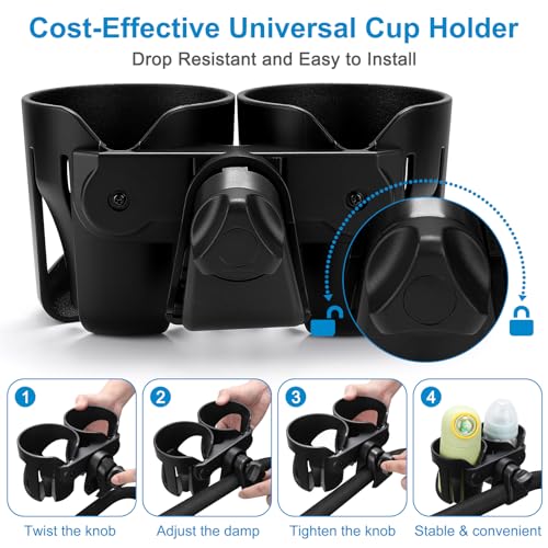 Accmor Stroller Cup Holder, Universal Cup Holder for Walker Wheelchair Bike Scooter, 360° Rotatable Stroller Cup Holder Attachment Walker Wheelchair Accessory - color: Double Cup Holder-Black