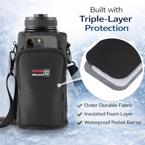32 oz Insulated Water Bottle Holder with Strap & Pocket for Walking - color: Black-1, size: 32oz