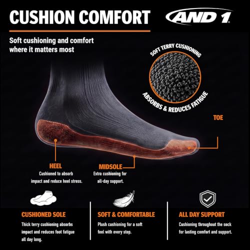 AND1 Mens Athletic Crew Socks 24 Pack Cushioned Comfort Socks - color: Dark Grey Heather