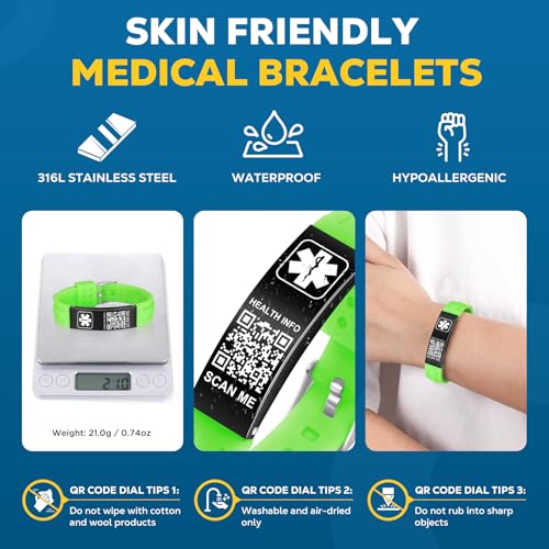 Medical Bracelets for Men Women with QR Code Medical Alert ID Bracelets - color: Neon Green Silver