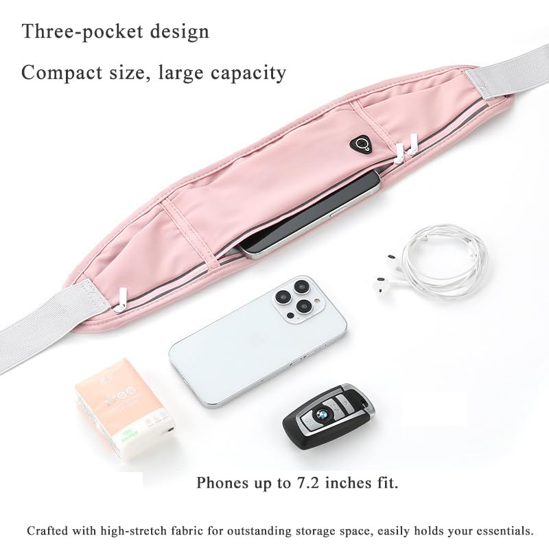 Running Belt with Resistance Band Bundle - Slim Water-Resistant Phone Holder for Women & Men, No-Bounce Adjustable Waist Pack Fits iPhone 15 Pro Max, Glute Activation Loop for Yoga & Fitness - color: Pink