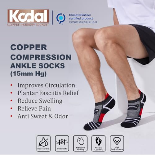 Kodal Copper-Infused Ankle Compression Running Socks Cushioned Perfect Fit - color: Black/Red-5 Pairs, size: 6-11