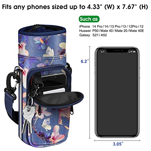 CaseBot Water Bottle Carrier Bag Sling Case, Sports Water Bottle Pouch Holder Sleeve with Adjustable Shoulder Hand Strap and 2 Pockets for Men Women Hiking Camping Travelling - color: Blooming Hibiscus