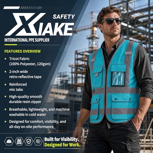 XIAKE Reflective Safety Vest for Men & Women High Visibility Class 2 Vest with Pockets Meets ANSI Standards - color: Lake Blue, size: XX-Large
