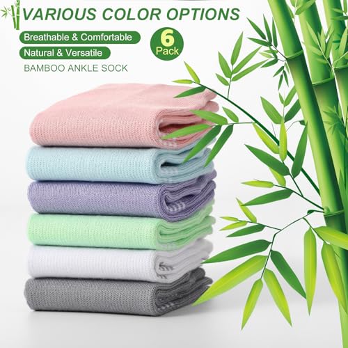 6 Pairs Thin Breathable Bamboo Ankle Socks for Women - color: White,blue,pink,green,grey,blue, size: Small
