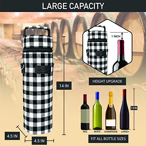 opux Single Bottle Wine Bag Carrier Insulated Cooler Tote Plaid White Black - color: Buffalo Plaid White