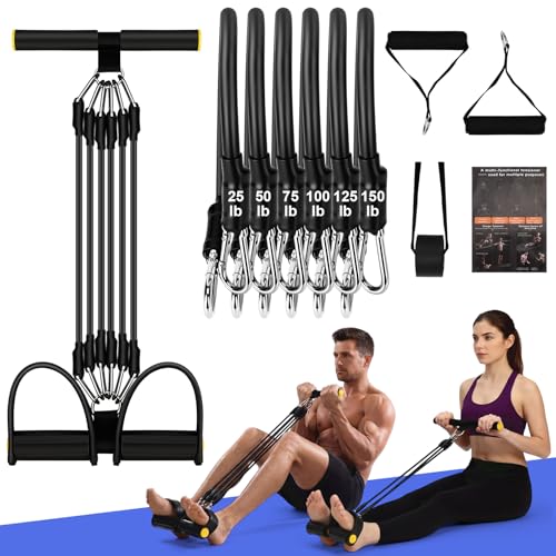 Arrowbash Upgrade 6 Tubes Foot Pedal Resistance Band Adjustable Pedal Puller Resistance Band with Handle Multifunction Fitness Bands for Men Women Abdomen Arm Leg Stretching - color: Black, size: 150 Lbs