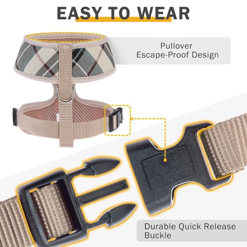 SCENEREAL Small Dog Harness and Leash Set, Plaid Beige, M - color: Beige, size: M: Chest Girth: 17"-21"