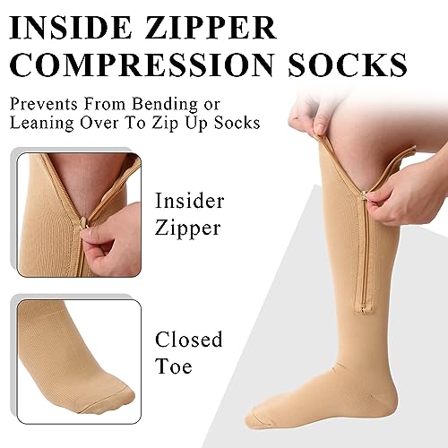 Tarpop 4 Pair Zipper Compression Socks for Women Men - color: Nude, size: L/ XL