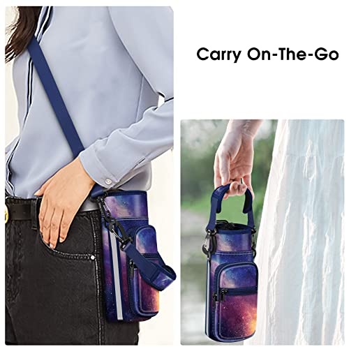 CaseBot Water Bottle Carrier Bag Sling Case, Sports Water Bottle Pouch Holder Sleeve with Adjustable Shoulder Hand Strap and 2 Pockets for Men Women Hiking Camping Travelling - color: Galaxy